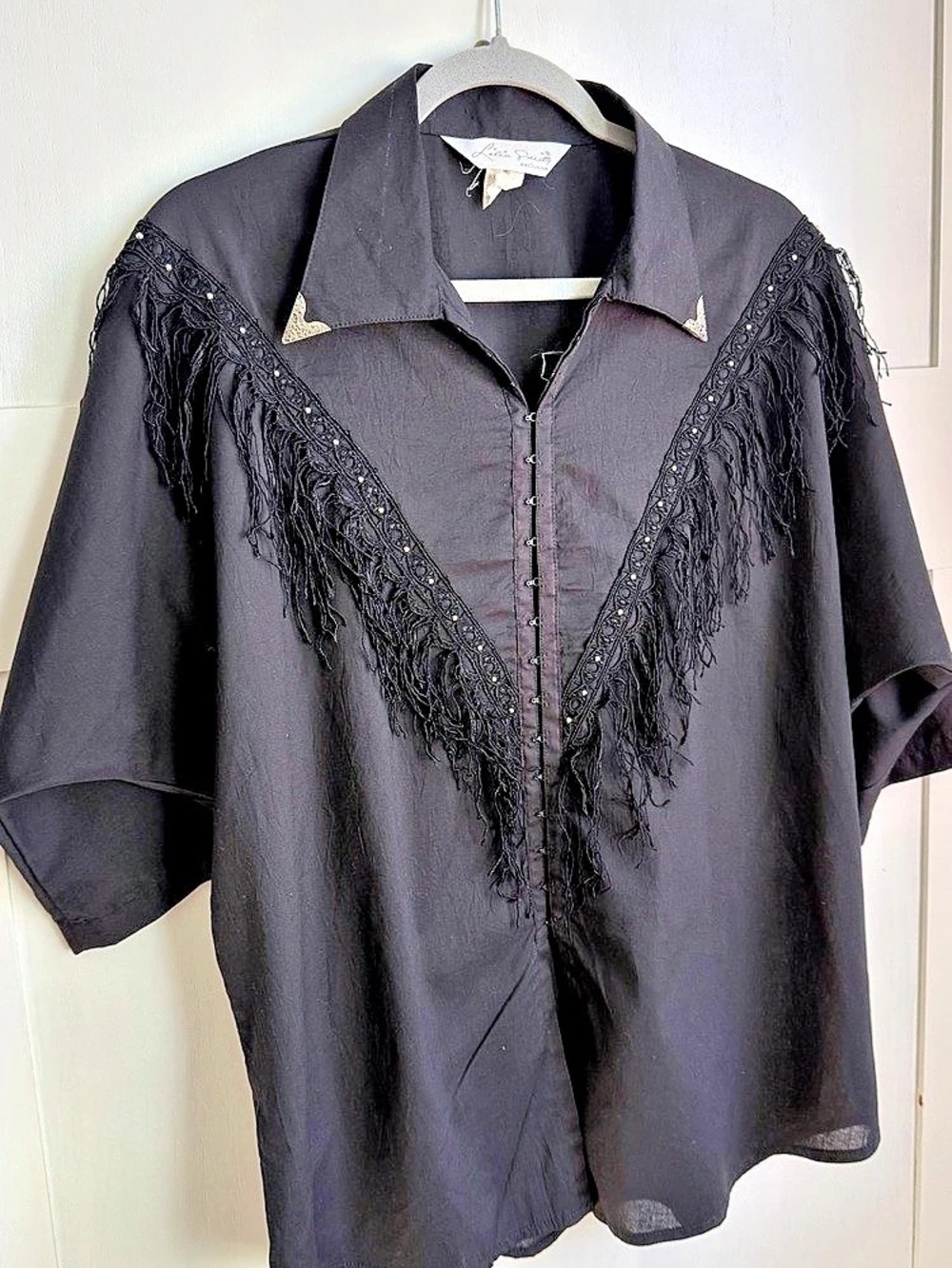 Western Lia Scully Black Fringe Beaded Collared 3/4 Sleeve Woven Cotton M